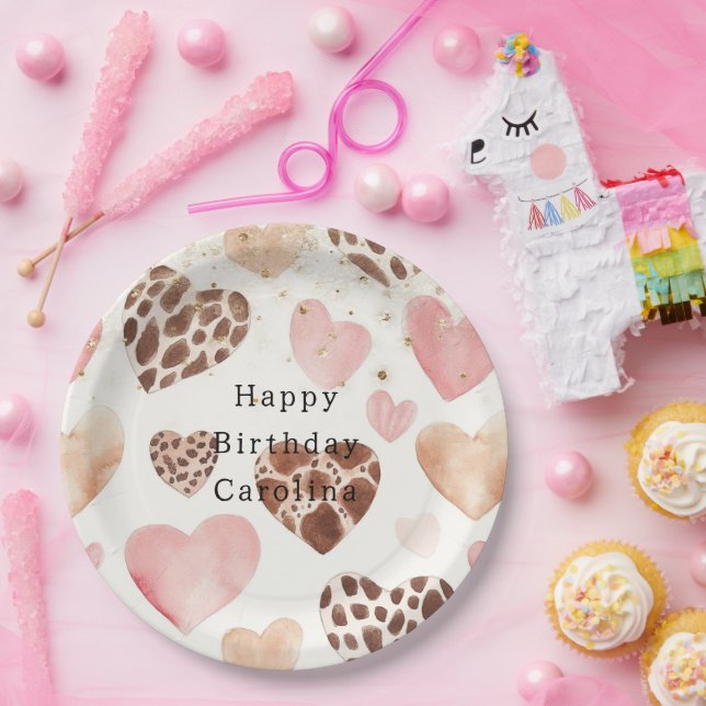 Plato De Papel Pink Cream Animal Hearts Gold Sparkle Birthday (Fiesta)