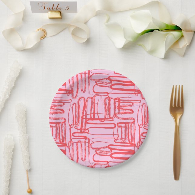 Plato De Papel Pink Curve Wavy Squiggle Abstract Modern (Boda)