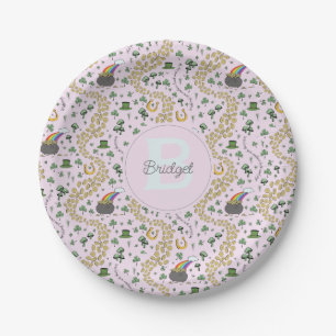 Plato De Papel Pink Cute n' Curvy Shamrock Nombre del bebé St Pat