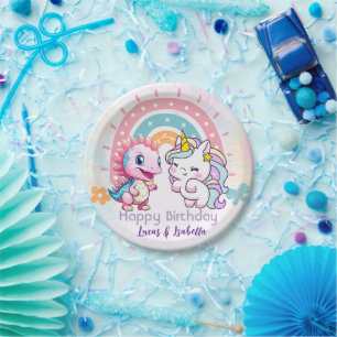 Plato De Papel Pink Cute Unicorn dinosaurios arco iris Fiesta de 
