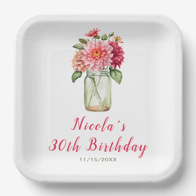 Plato De Papel Pink Dahlias Mason Jar Birthday Party (Anverso)