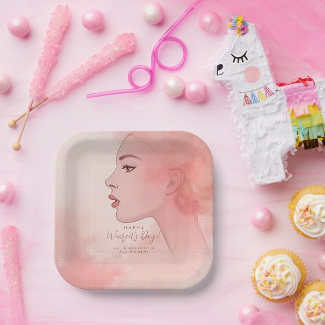 Plato De Papel Pink Delicate Minimalist Woman Happy Women's Day (Fiesta)
