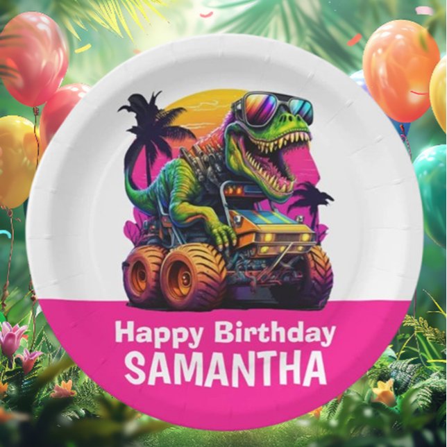 Plato De Papel PINK Dino-Mite MONSTER TRUCK Fiesta de cumpleaños (Celebrate your little one's birthday in style with our PINK Dino-Mite MONSTER TRUCK )