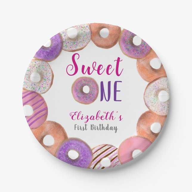 Plato De Papel Pink Donut Sweet One First Birday Personalizado (Anverso)
