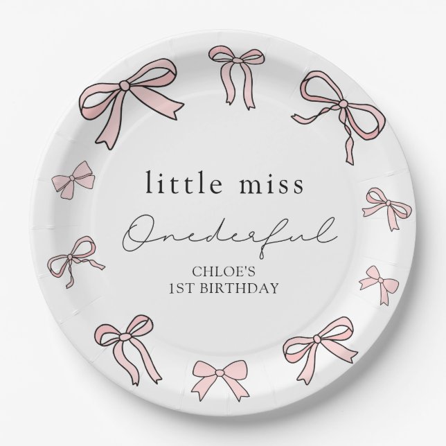 Plato De Papel Pink Doodle Bow Baby Girl Primer Cumpleaños (Anverso)