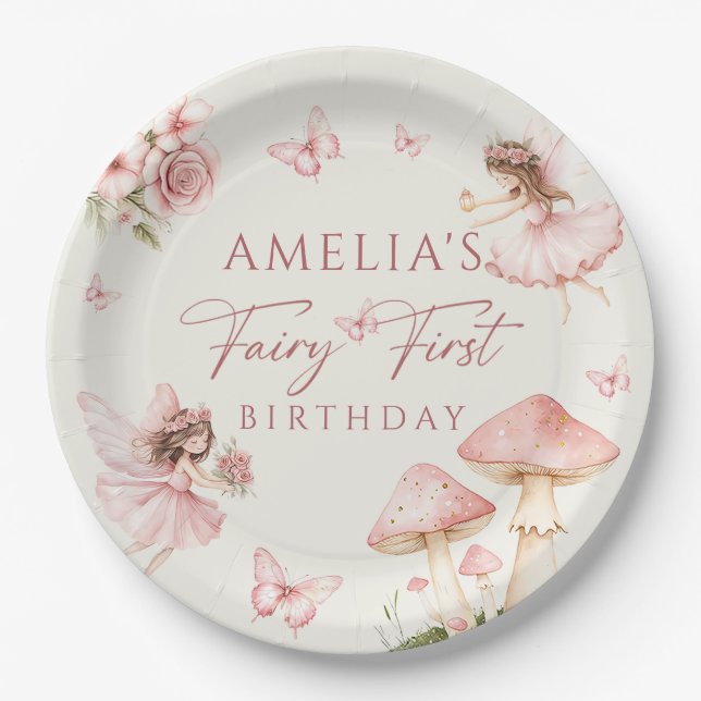 Plato De Papel Pink Fairy First Birthday Party Paper Plates (Anverso)