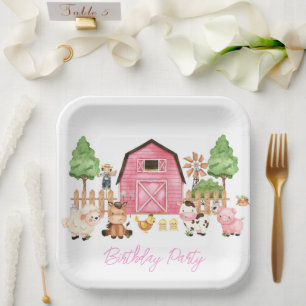 Plato De Papel Pink Farm Animals Fiesta de cumpleaños