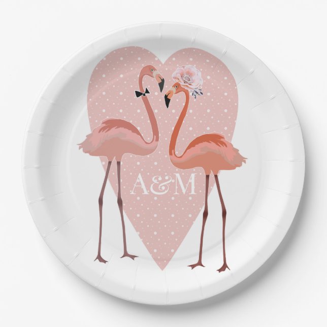 Plato De Papel Pink Flamingo elegante amor al corazón dulce (Anverso)