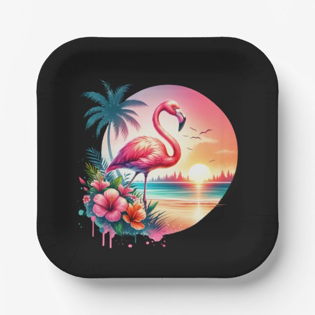 Plato De Papel Pink Flamingo Sunset Clipart (Anverso)