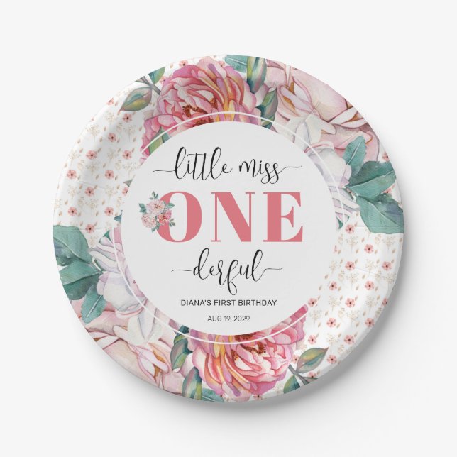 Plato De Papel Pink Floral 1st Birthday (Anverso)