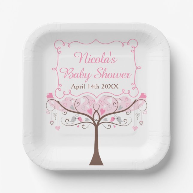Plato De Papel Pink Floral Bird Baby Shower  (Anverso)