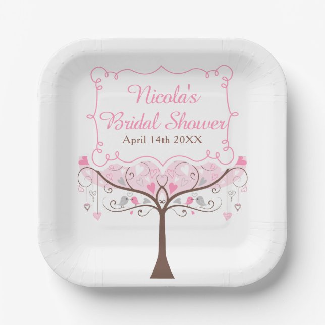 Plato De Papel Pink Floral Bird Bridal Shower  (Anverso)