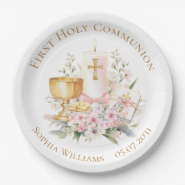 Plato De Papel Pink Floral Chalice First Holy Communion 