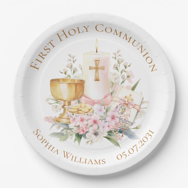 Plato De Papel Pink Floral Chalice First Holy Communion  (Anverso)
