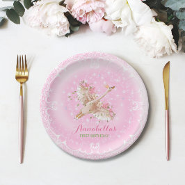 Plato De Papel Pink Floral First Birday Fairytale Swan
