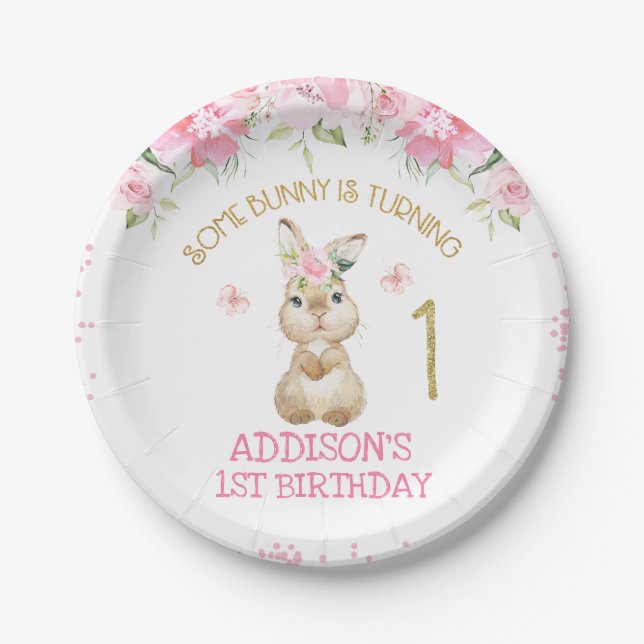 Plato De Papel Pink Floral Furry Bunny Gold Primer Cumpleaños (Anverso)