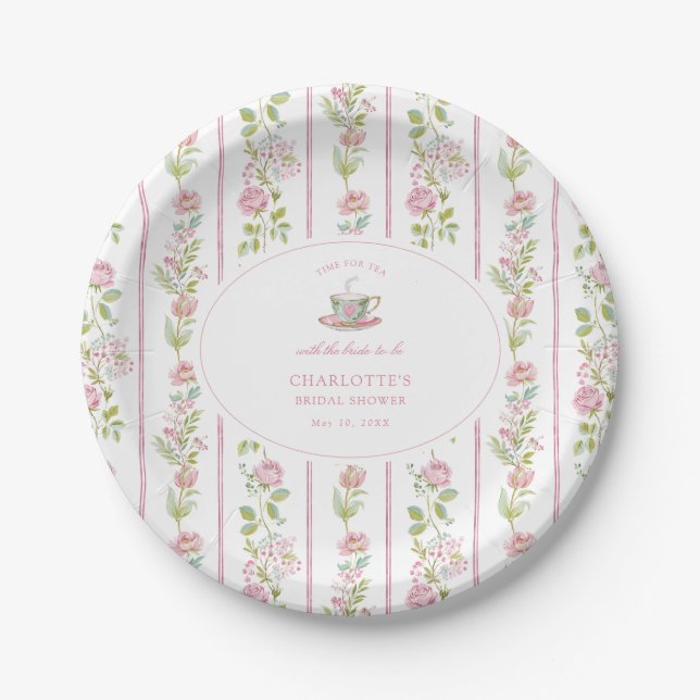 Plato De Papel Pink Floral Grandmillennial Bridal Tea Party  (Anverso)
