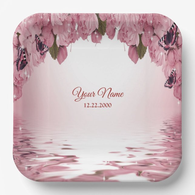 Plato De Papel Pink Floral Nature Butterfly Outdoor Wedding Party (Anverso)