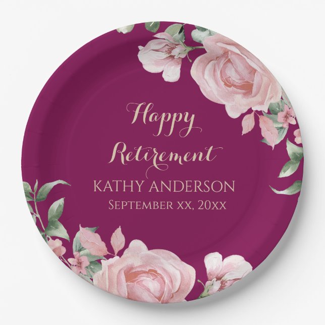 Plato De Papel Pink Floral Retirement Party (Anverso)