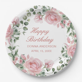 Plato De Papel Pink Floral Rose Birthday Party Plate