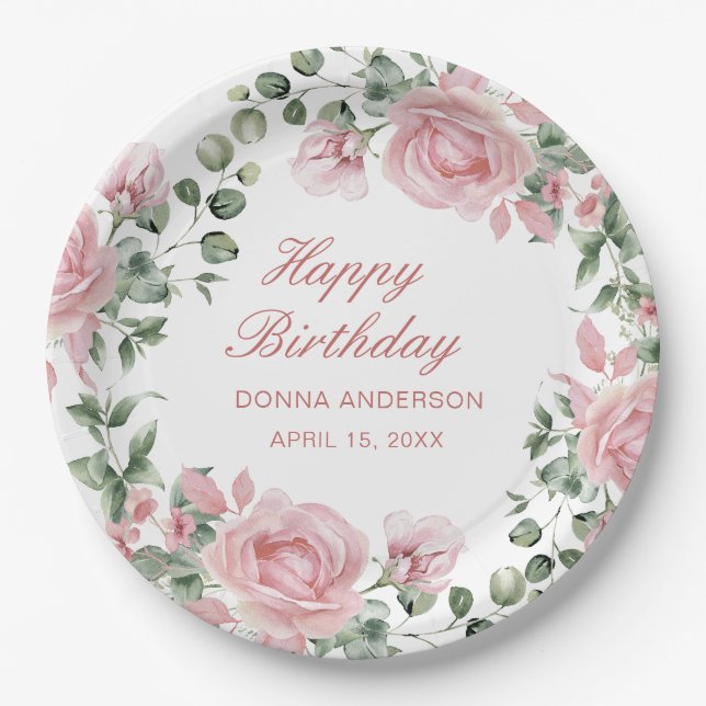 Plato De Papel Pink Floral Rose Birthday Party Plate (Anverso)