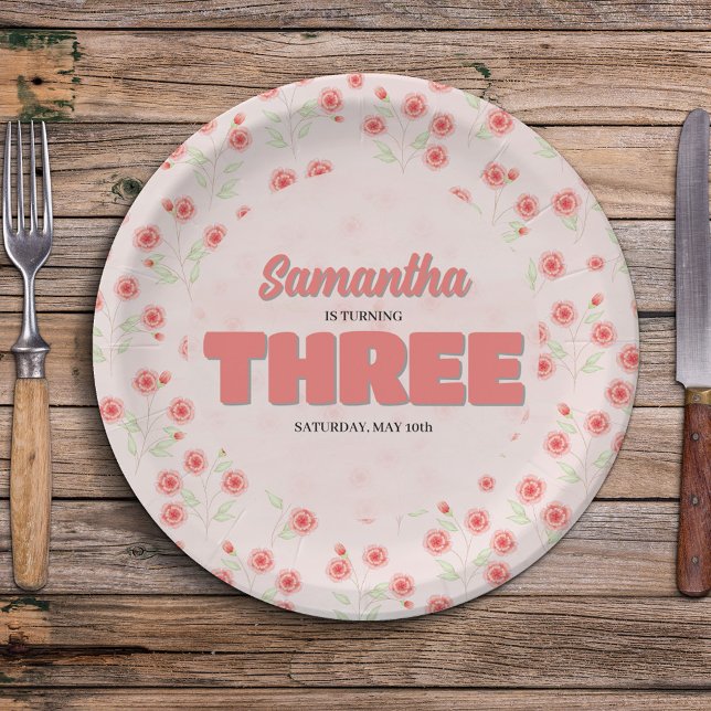 Plato De Papel Pink Floral Third Birthday Girl Party Custom (Girls Birthday party Custom Party Paper plates.)