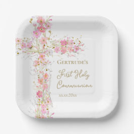 Plato De Papel pink flowers cross First Holy Communion
