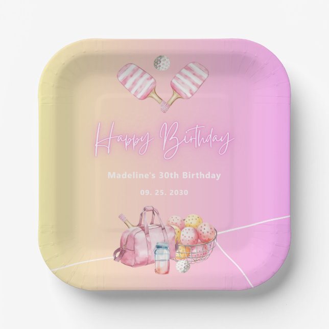 Plato De Papel Pink Fun Pickleball Fiesta de cumpleaños número 30 (Anverso)