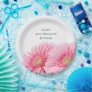 Plato De Papel Pink Gerbera Daisies Elegante Fotografía Cumpleaño