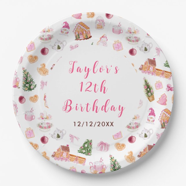 Plato De Papel Pink Gingerbread House Birthday Party (Anverso)