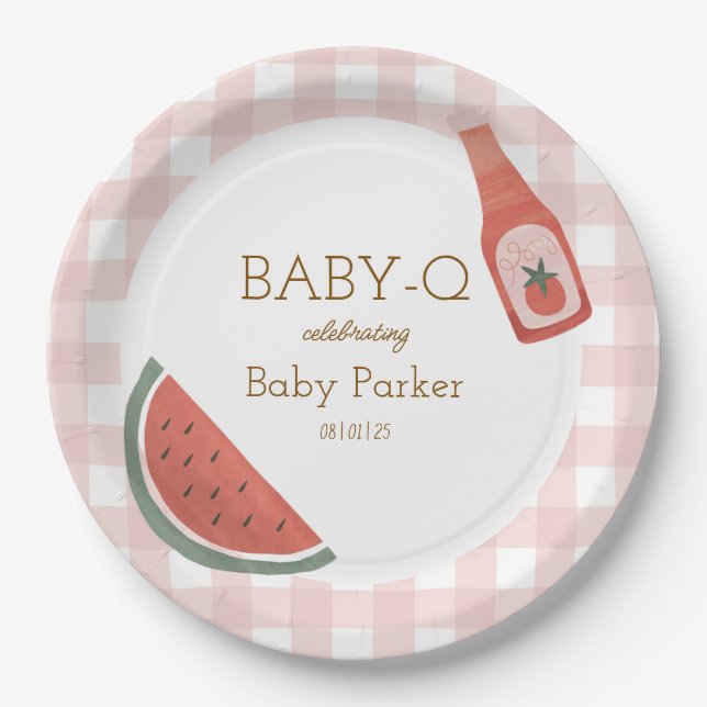 Plato De Papel Pink Gingham Baby-Q Circular Plate (Anverso)