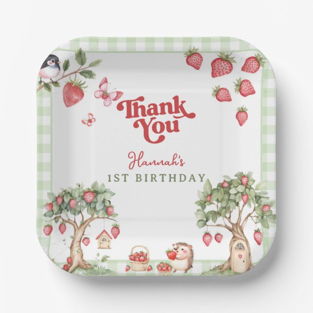 Plato De Papel Pink Gingham Berry First Strawberry 1st Birthday (Anverso)