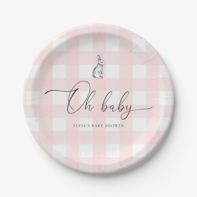 Plato De Papel Pink Gingham Bunny Rabbit Baby Shower (Anverso)