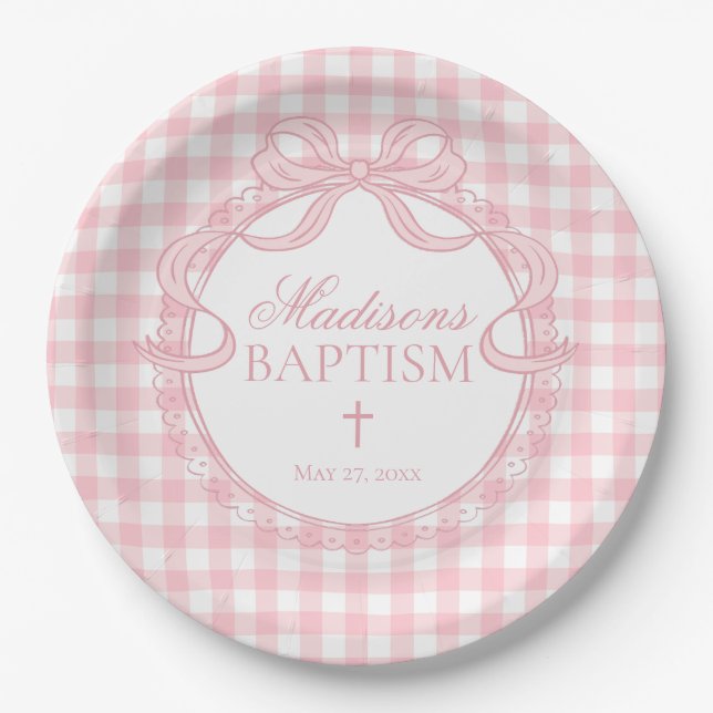 Plato De Papel Pink Gingham Coquette Bow Baptism (Anverso)
