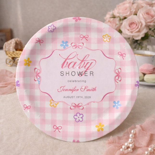 Plato De Papel Pink Gingham Floral Bow Baby Shower Paper Plates (Subido por el creador)