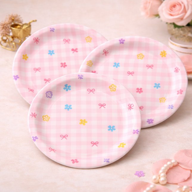 Plato De Papel Pink Gingham Floral Bow Baby Shower Paper Plates (Subido por el creador)
