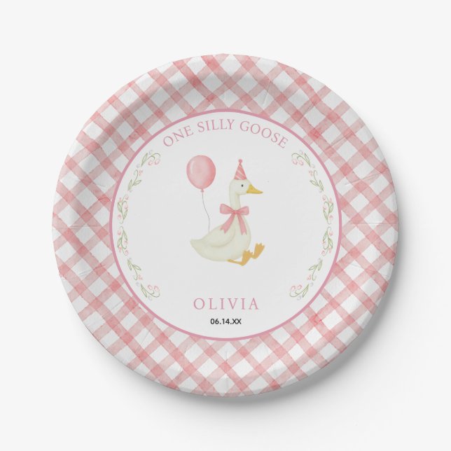 Plato De Papel Pink Gingham Floral One Silly Goose 1st Birthday (Anverso)