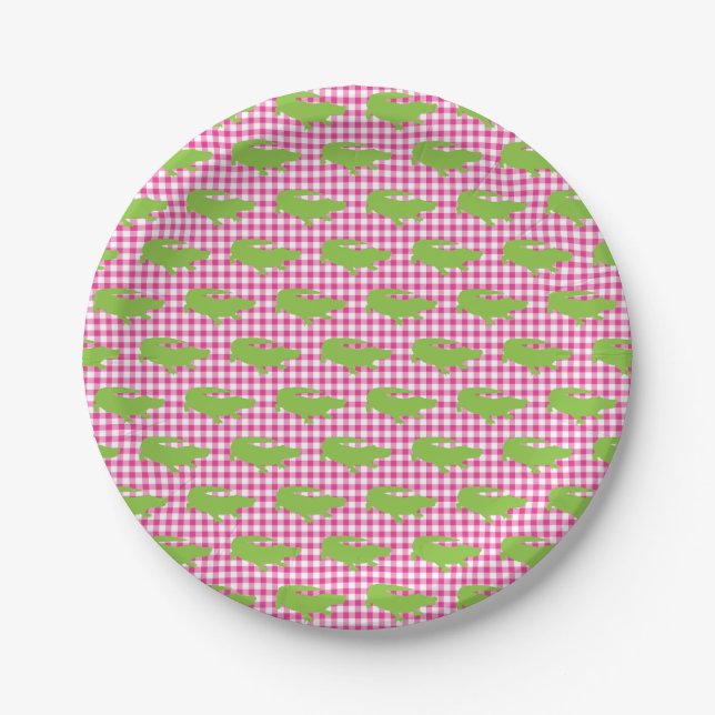 Plato De Papel Pink Gingham Green Alligator Southern Fun (Anverso)