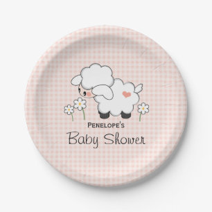 Plato De Papel Pink Gingham Lamb Baby Shower