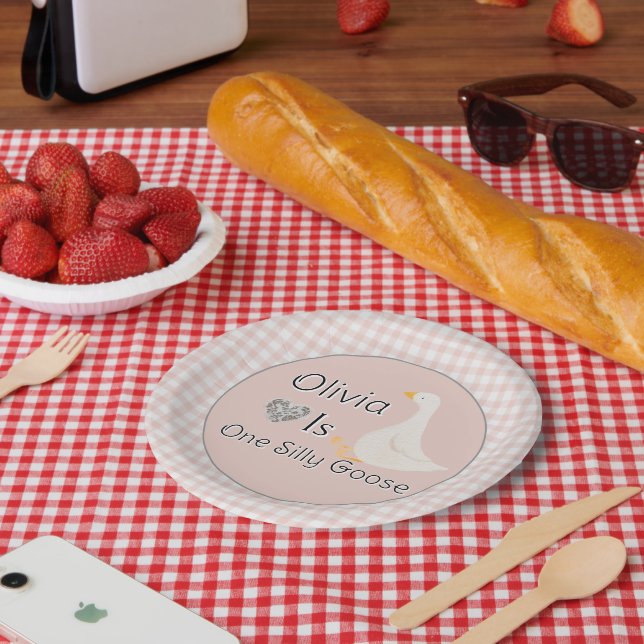Plato De Papel Pink Gingham One Silly Goose Partido de Cumpleaños (Picnic)