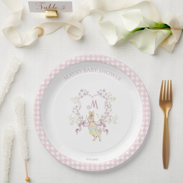 Plato De Papel Pink Gingham Peter the Rabbit Monogram Baby Shower (Boda)