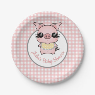 Plato De Papel Pink Gingham Piggy Baby Shower