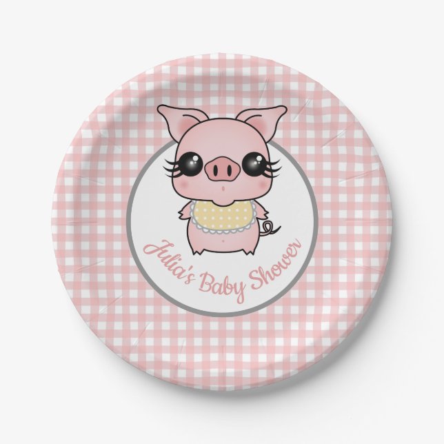 Plato De Papel Pink Gingham Piggy Baby Shower (Anverso)