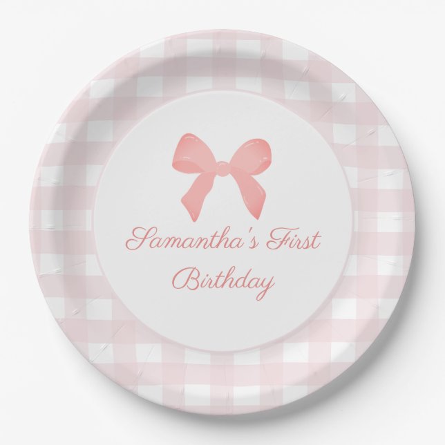 Plato De Papel Pink Gingham Pink Bow Birday (Anverso)
