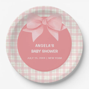 Plato De Papel Pink Gingham Plaid Bow Baby Shower