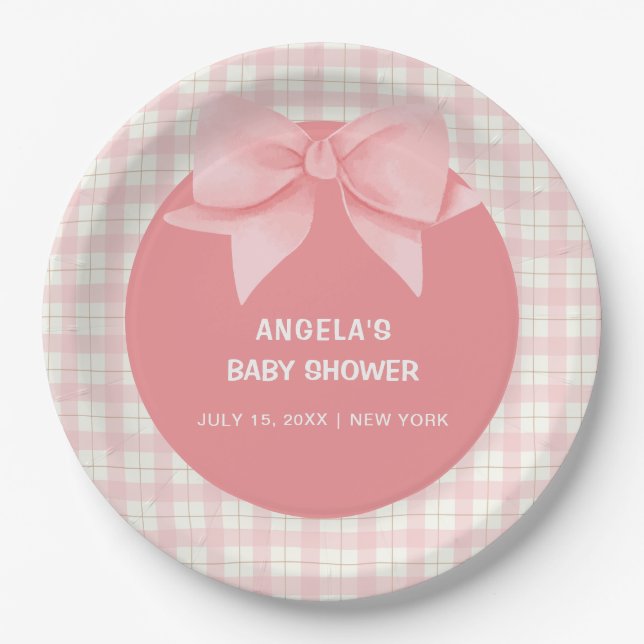 Plato De Papel Pink Gingham Plaid Bow Baby Shower (Anverso)