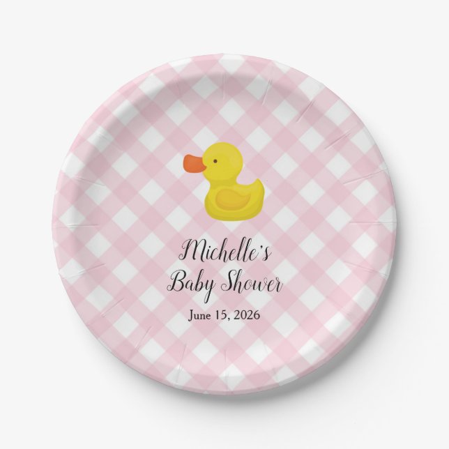 Plato De Papel Pink Gingham Rubber Duckie Baby Shower Paper Plate (Anverso)