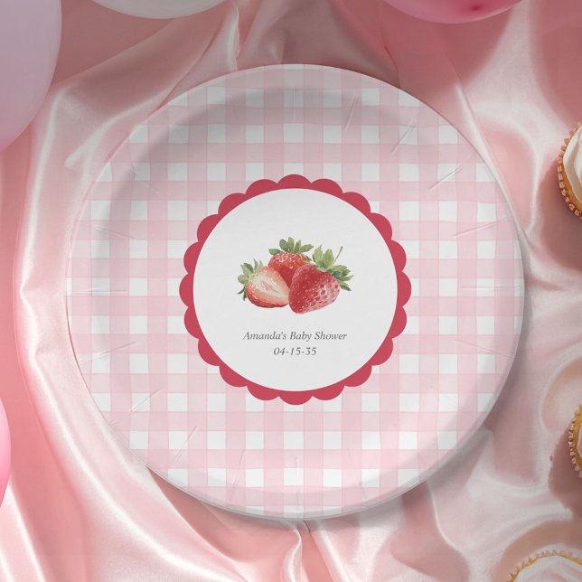 Plato De Papel Pink Gingham-Strawberry themed Baby Girl Shower (Berry Sweet Baby Girl Shower Paper Plate. Strawberry with pink gingham patterned party plates.)