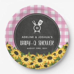 Plato De Papel Pink Gingham Sunflowers Chalkboard Baby-Q Shower