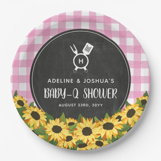Plato De Papel Pink Gingham Sunflowers Chalkboard Baby-Q Shower (Anverso)